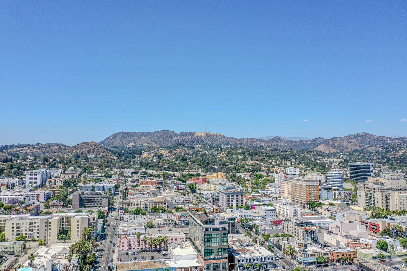 Daytime aerial view of 6445 W. Sunset Boulevard development parcel in the Hollywood corridor